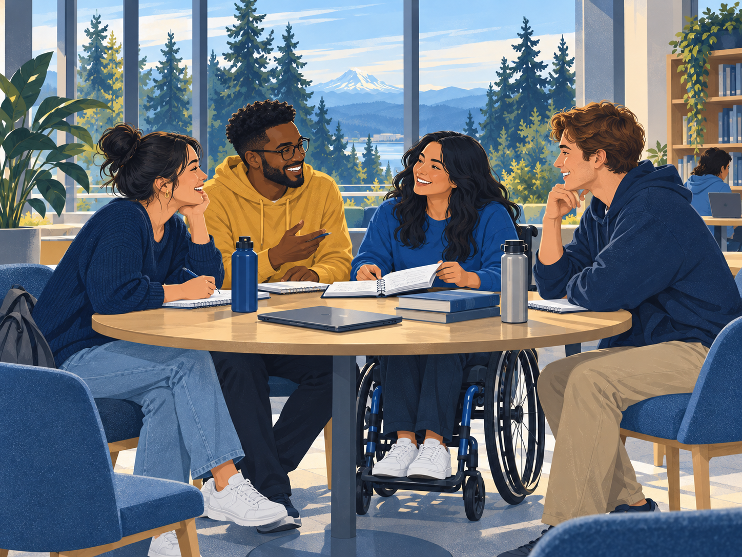 Illustration of students sharing notes around a table in a bright study space overlooking evergreen trees.
